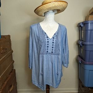 St John's Bay Boho Blue Cotton Blouse 1X